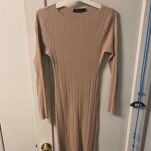 Elegant Long Sleeve Ribbed Dress - Beige